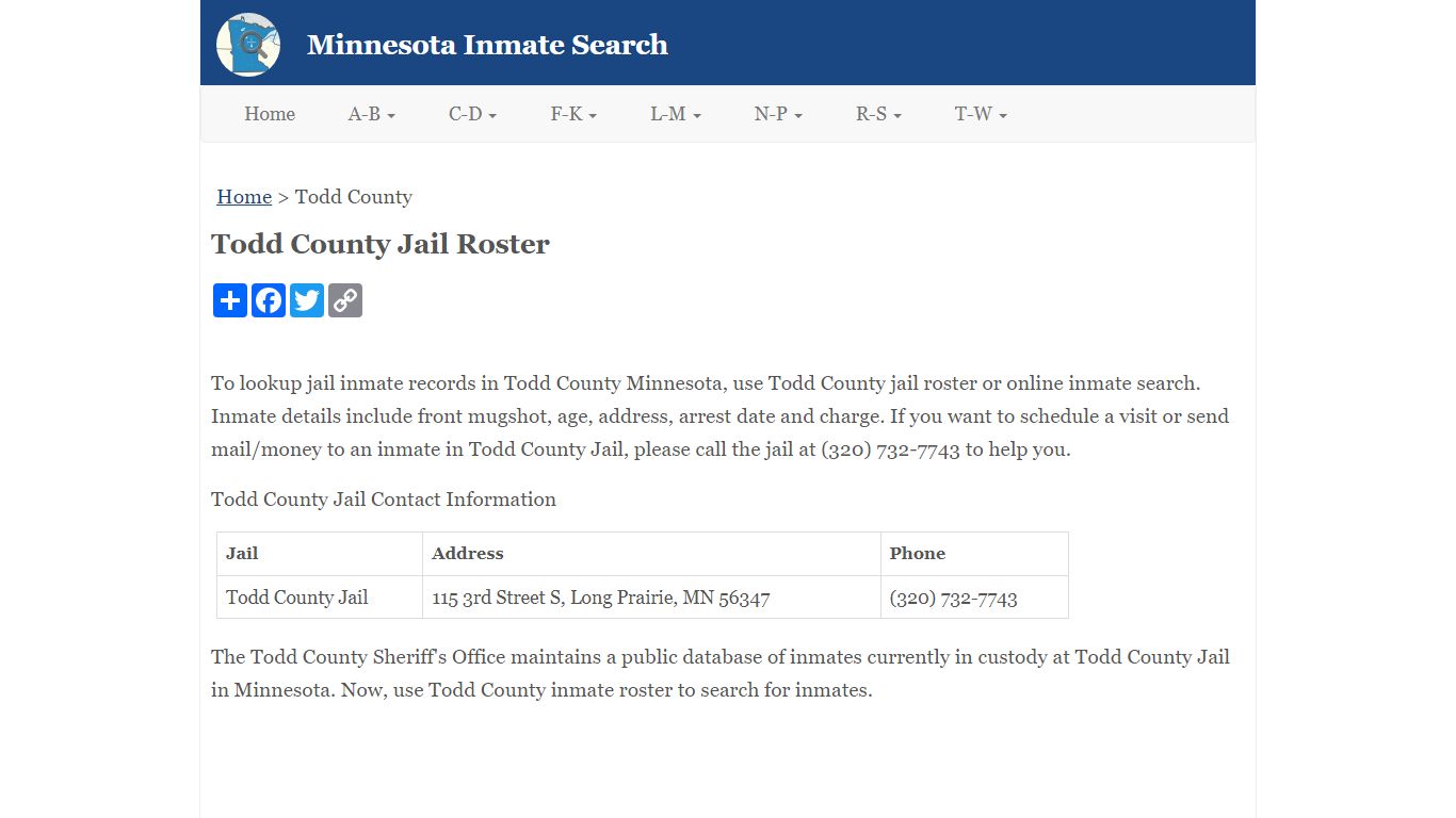 Todd County Jail Roster - Minnesota Inmate Search